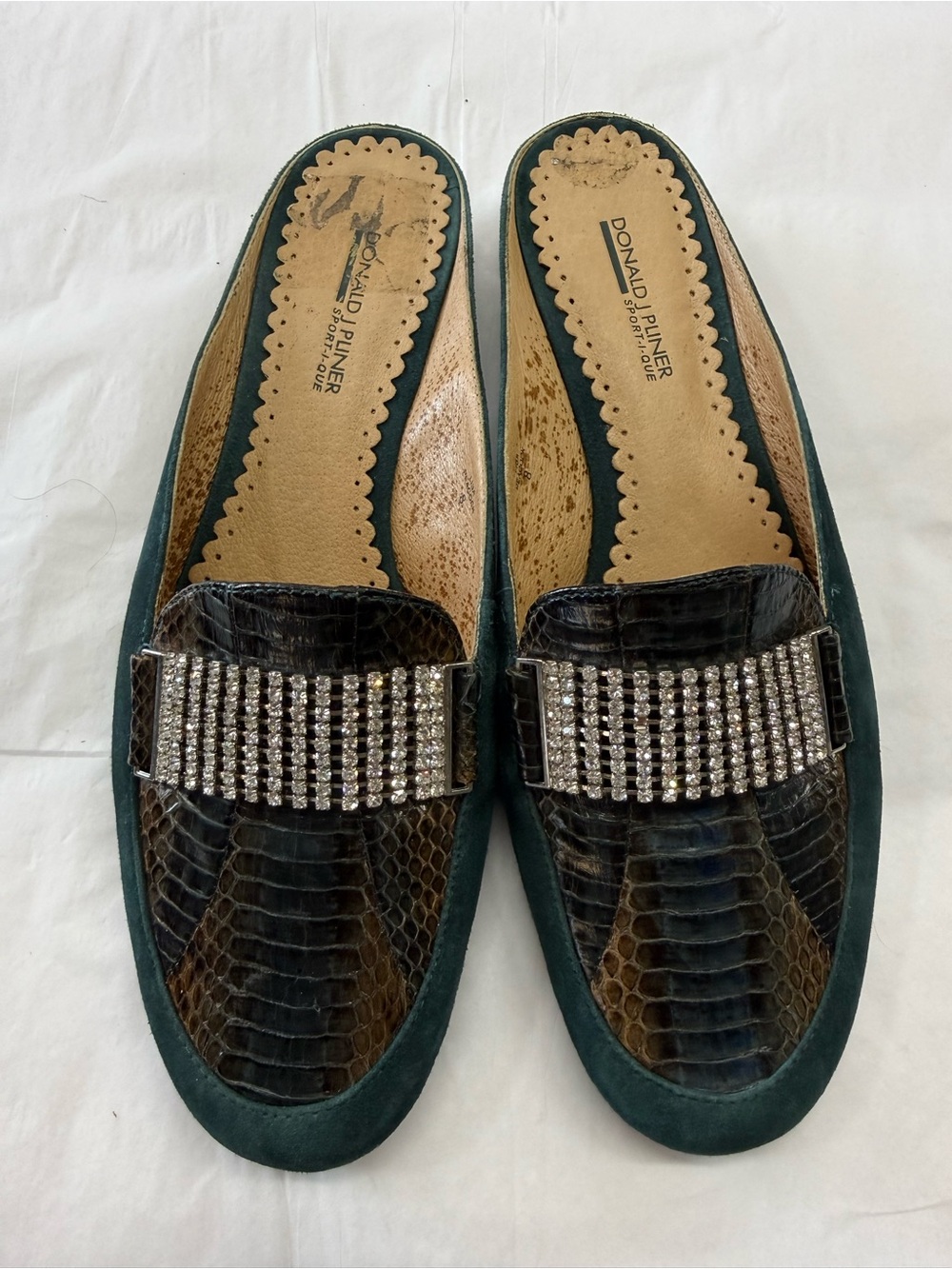 Donald J Pliner Sport-I-Que Lisa Peacock Leather Rhinestone Mules Shoes Size 8